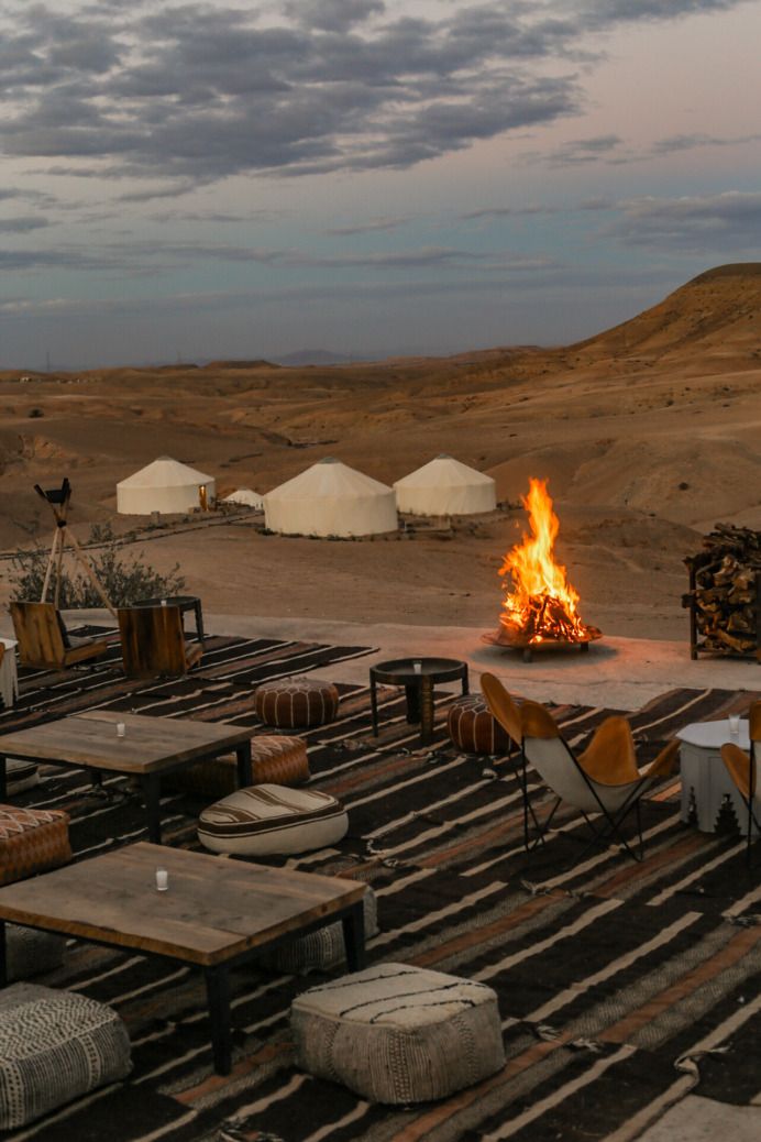 Luxury camp with bonfire at night