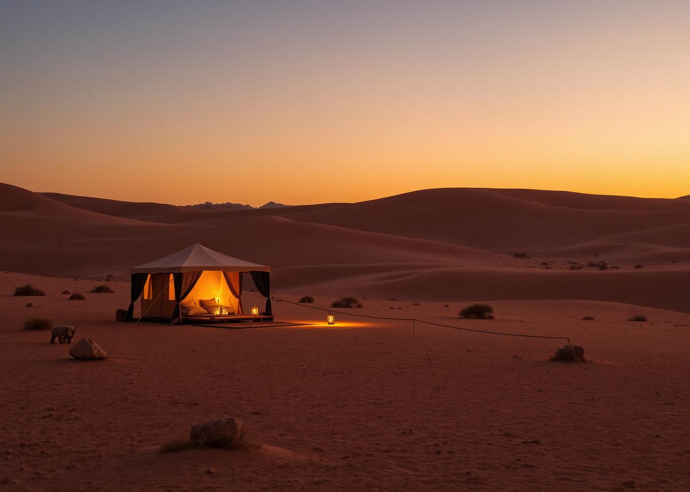 Luxury tent in the Agafay desert at dusk