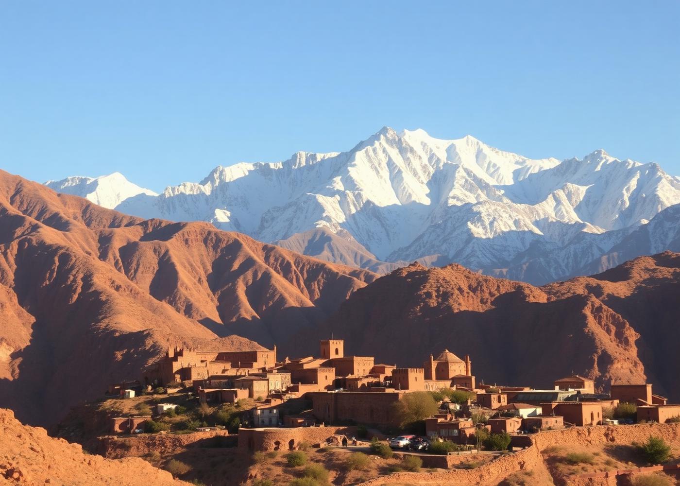 Snow-capped High Atlas over a Berber village