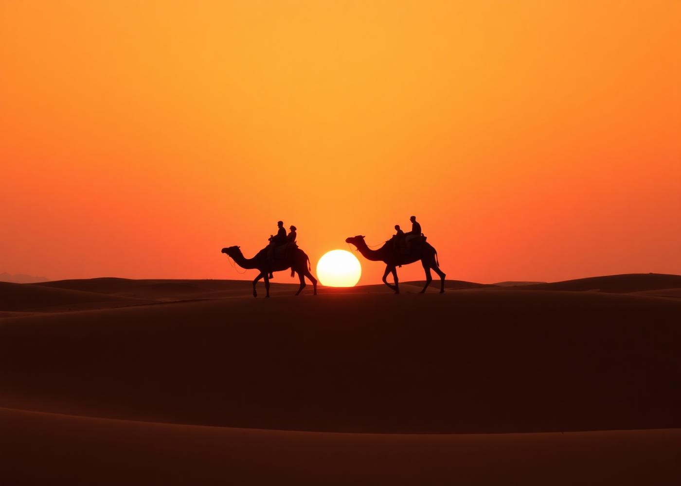 Camel caravan silhouette at sunset