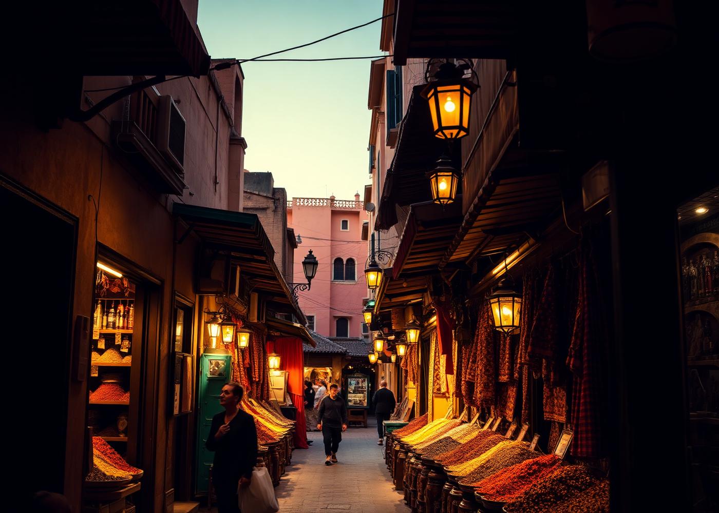 Marrakech medina lanterns at dusk