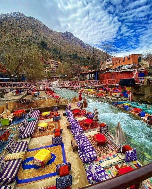 Ourika valley river and Atlas cliffs